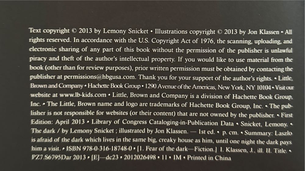The Dark - Lemony Snicket (Little, Brown Books for Young Readers - Hardcover) book collectible [Barcode 9780316187480] - Main Image 3