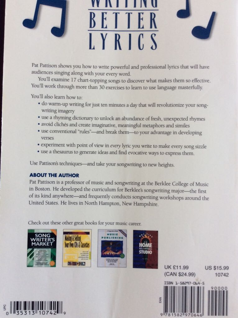 Writing Better Song Lyrics - Pat Pattison (Writer’s Digest Books - Trade Paperback) book collectible [Barcode 9781582970646] - Main Image 2