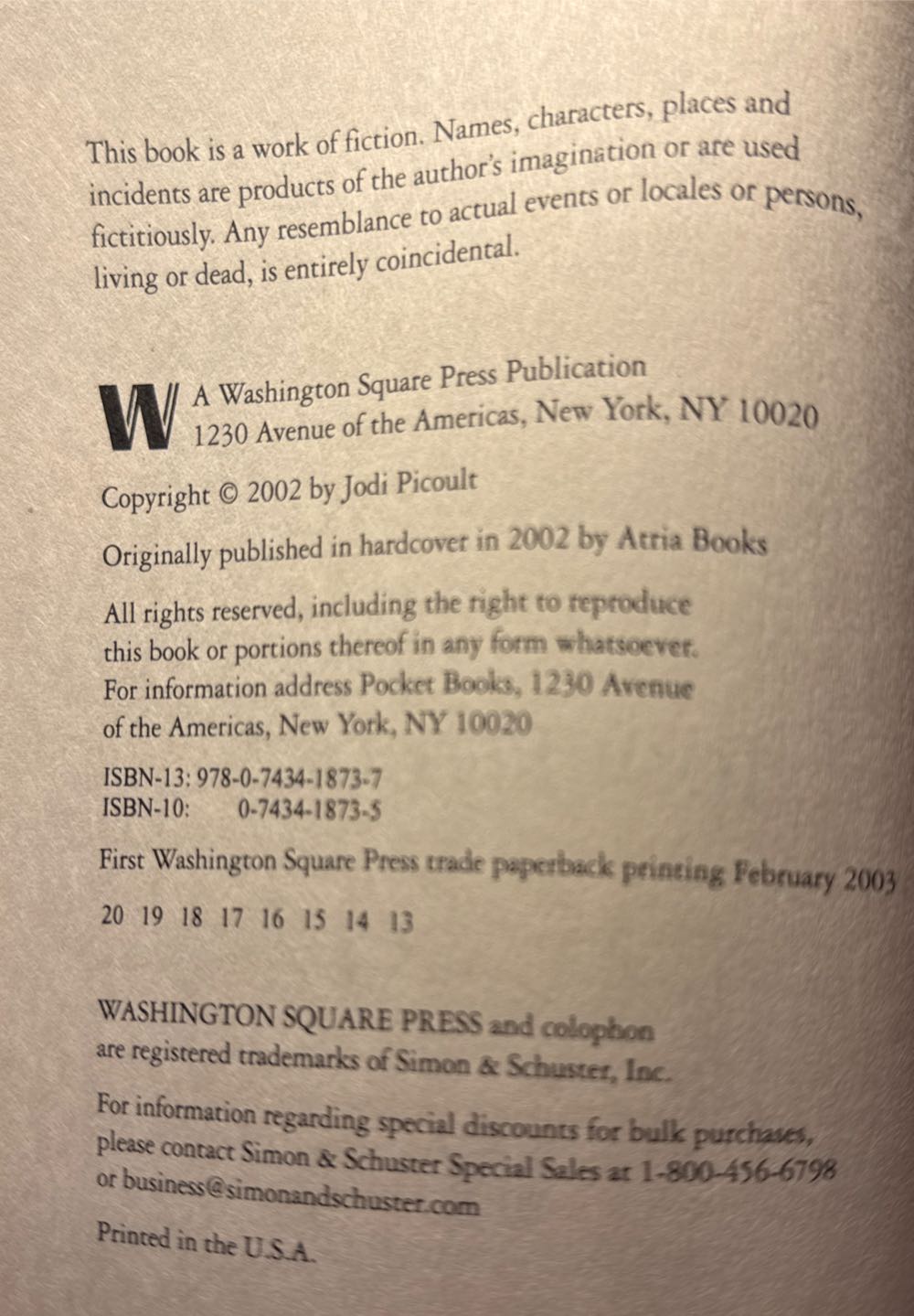 Perfect Match - Jodi Picoult (Washington Square Press, a division of Simon & Schuster, Inc. - Paperback) book collectible [Barcode 9780743418737] - Main Image 3