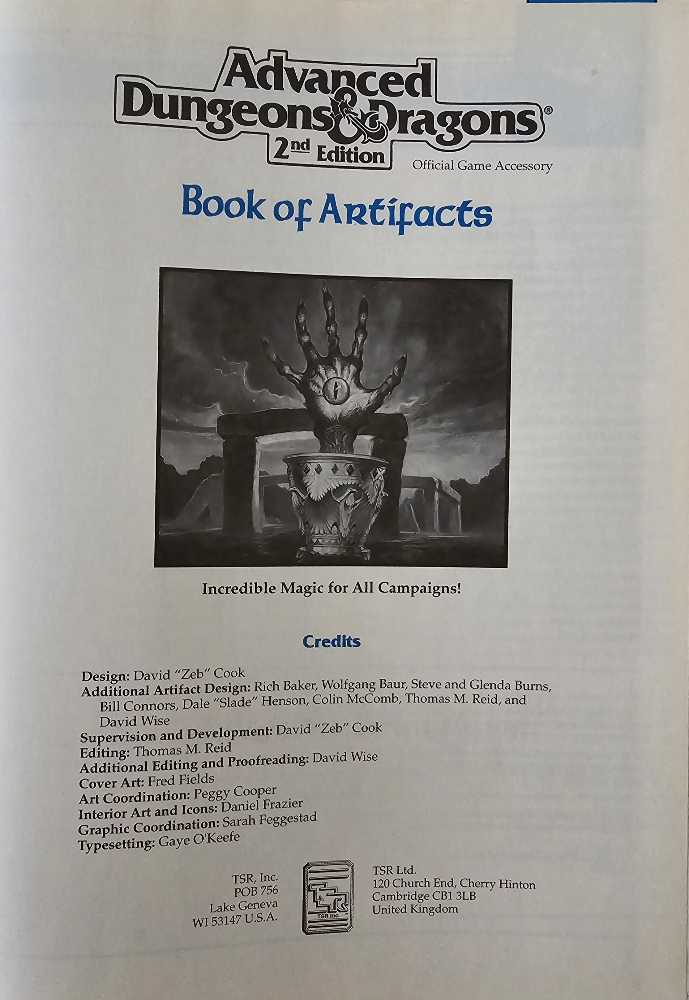 Book of Artifacts - David “Zeb” Cook (TSR, Inc. - Hardcover) book collectible [Barcode 9781560766728] - Main Image 3