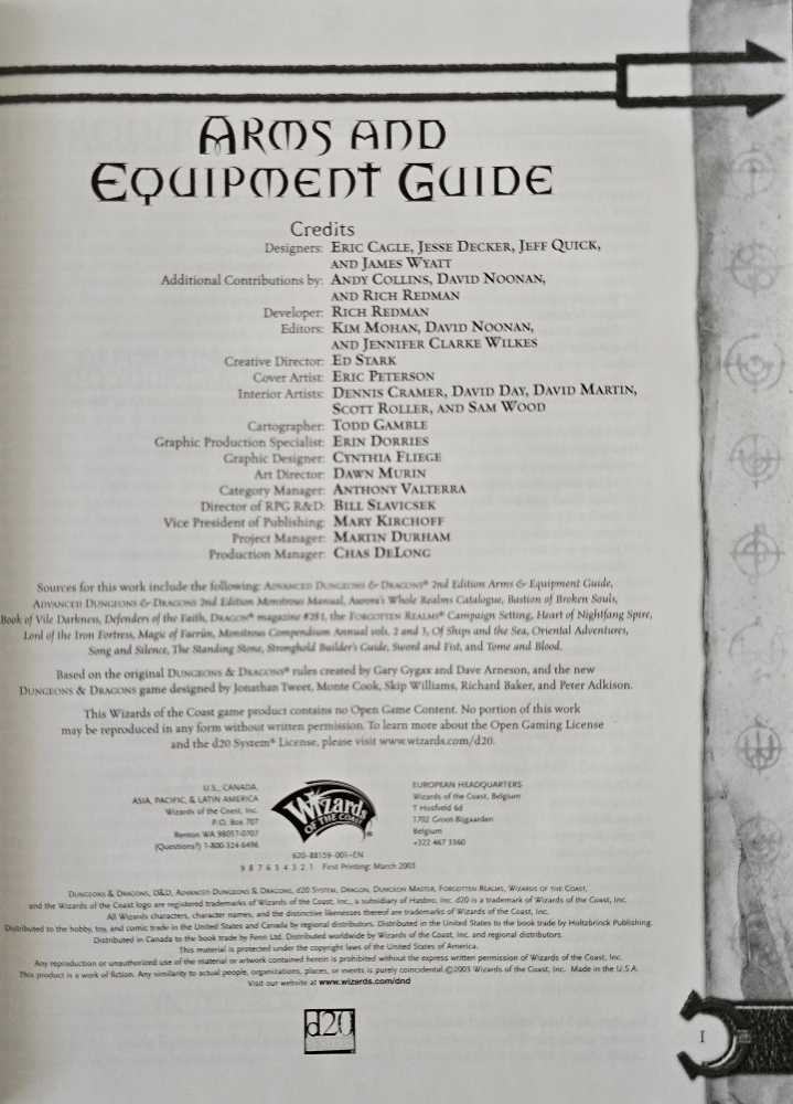 D&D 3e: Arms and Equipment Guide - Cagle/James, Wyatt/Jeff, Quick/Jesse Decker Eric (Wizards of the Coast, Inc. - Hardcover) book collectible [Barcode 9780786926497] - Main Image 3