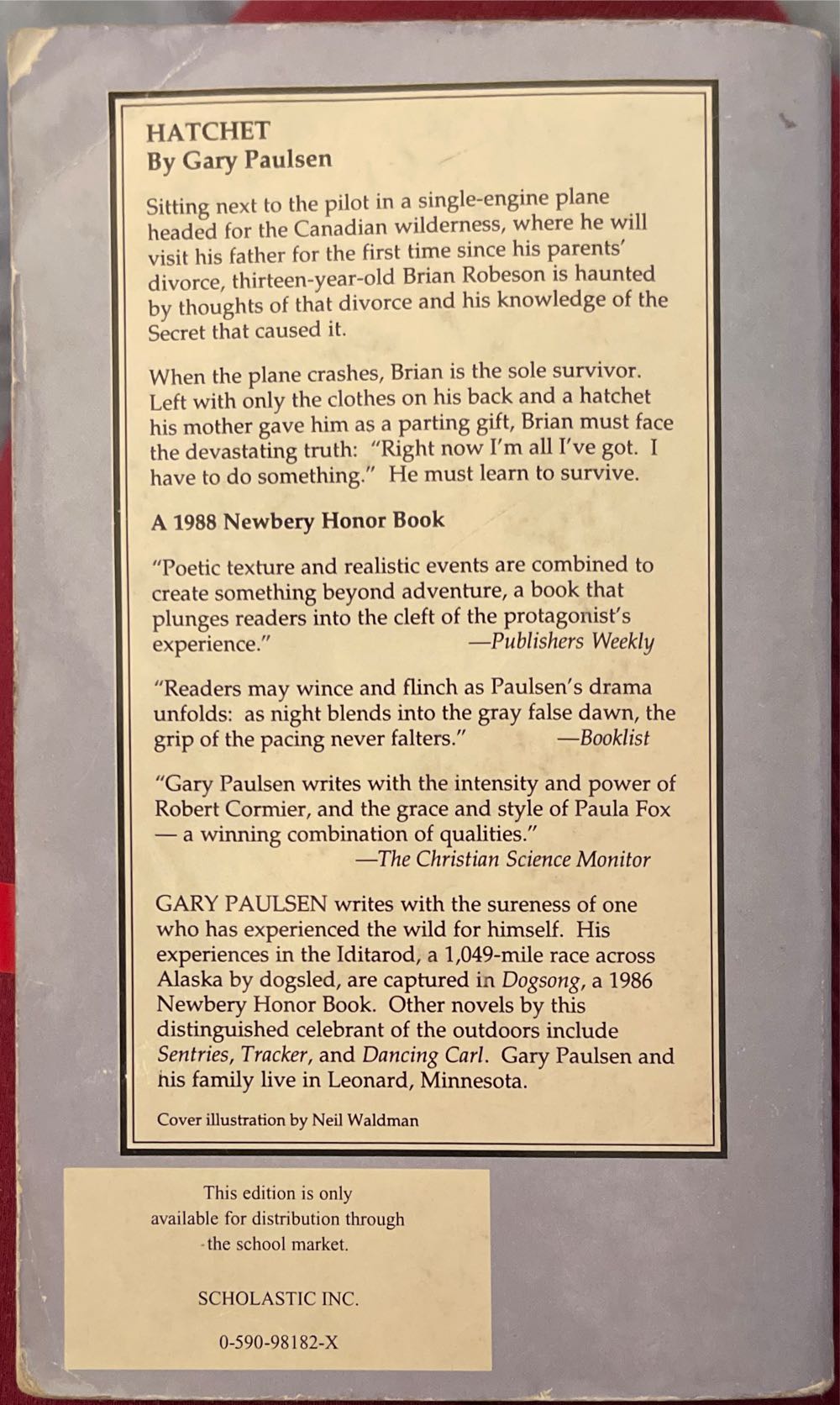 Hatchet - Gary Paulsen (Scholastic Inc. - Paperback) book collectible [Barcode 9780590981828] - Main Image 3