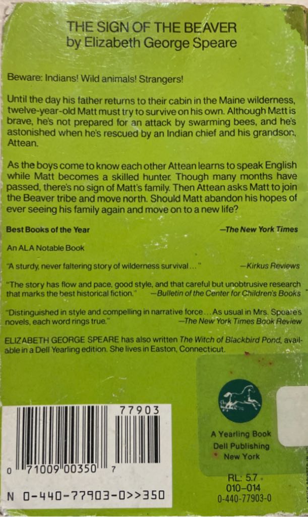 Sign of the Beaver, The - Elizabeth George Speare (A Dell Yearling Book - Paperback) book collectible [Barcode 9780440779032] - Main Image 2