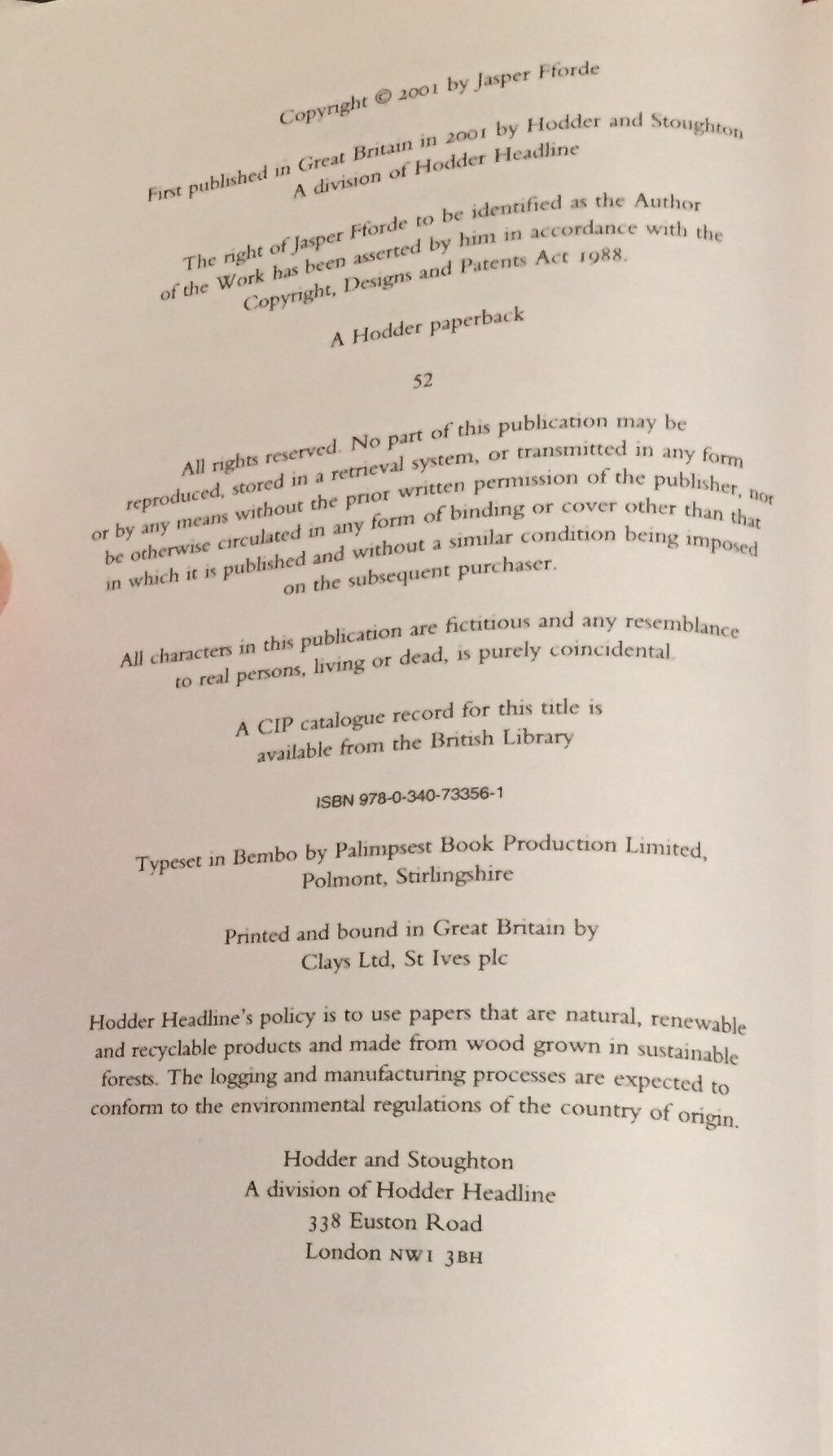 The Eyre Affair - Jasper Fforde (Hodder - Paperback) book collectible [Barcode 9780340733561] - Main Image 3