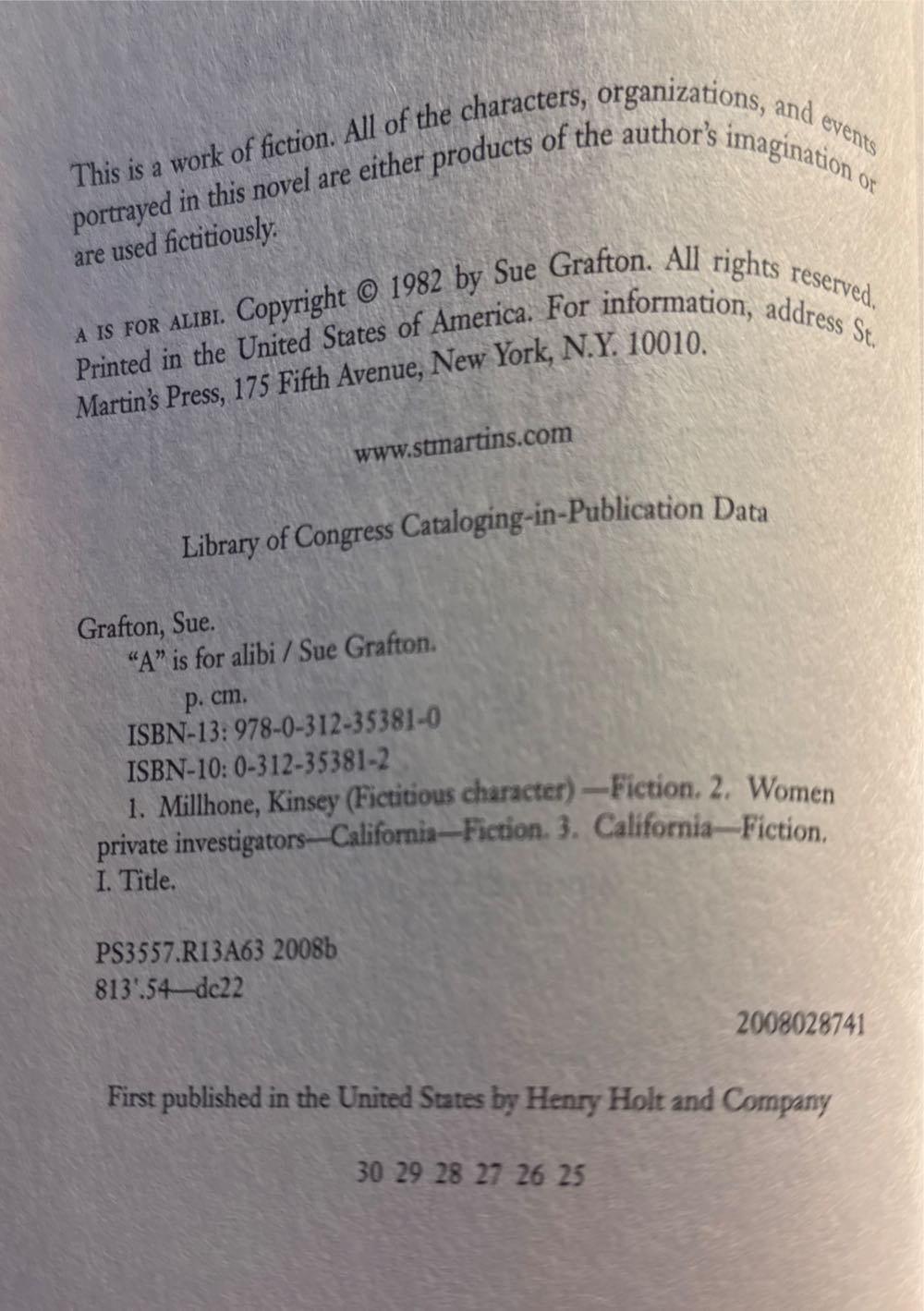 Aa is for Alibi - Sue Grafton (St. Martin’s Griffin - Trade Paperback) book collectible [Barcode 9780312353810] - Main Image 3