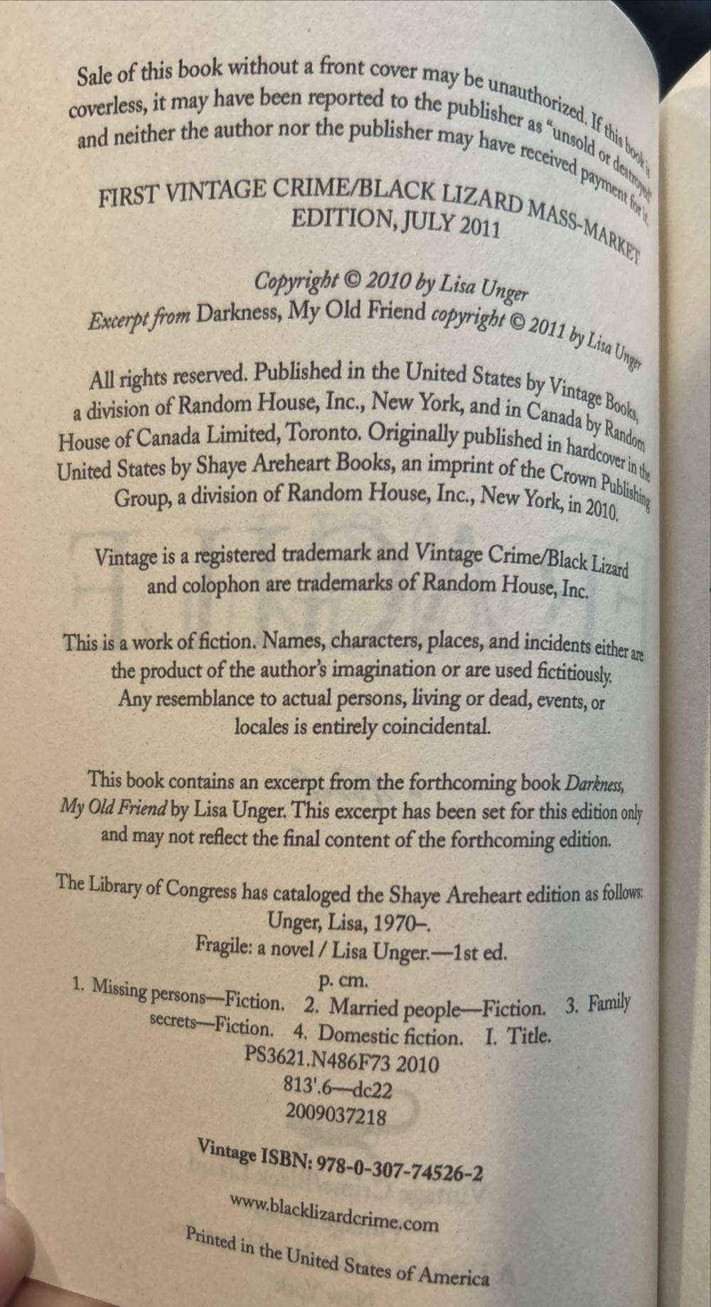 Fragile - Lisa Unger (Vintage Books - Paperback) book collectible [Barcode 9780307745262] - Main Image 3