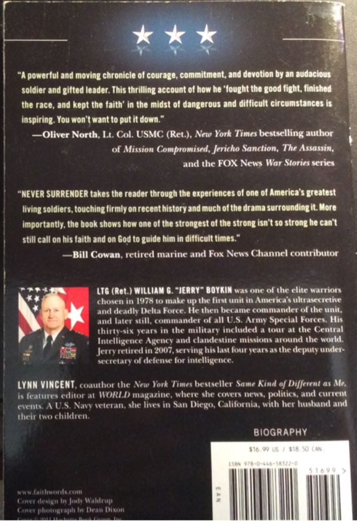 Never Surrender - William G. Boykin (FaithWords - Paperback) book collectible [Barcode 9780446583220] - Main Image 2