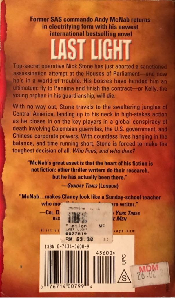 Last Light - Andy McNab (Pocket Books - Paperback) book collectible [Barcode 9780743456005] - Main Image 2