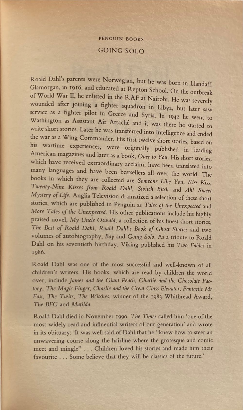 Going Solo - Roald Dahl (Penguin Books - Paperback) book collectible [Barcode 9780140103069] - Main Image 4