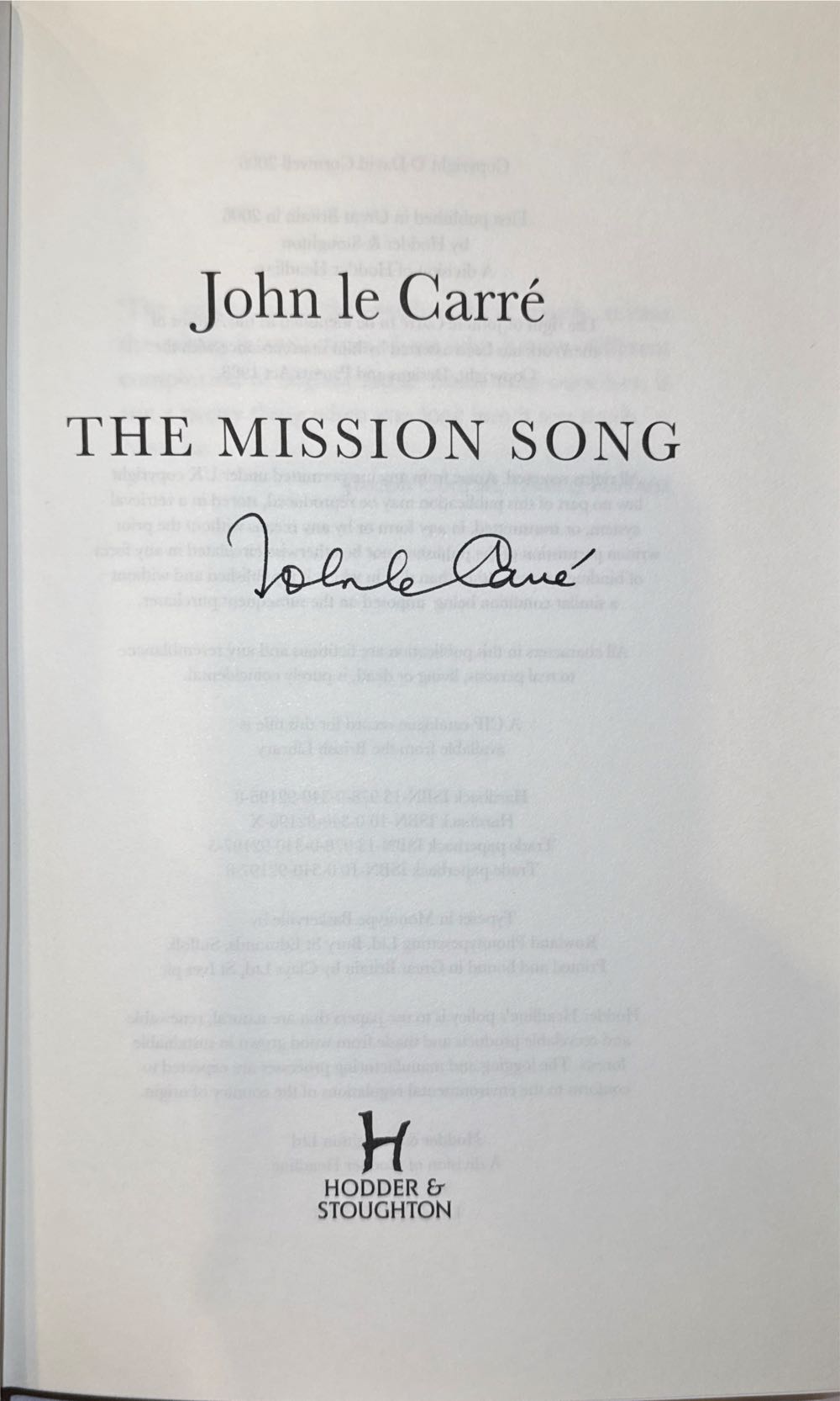 The Mission Song - John Le Carre (Hodder - Hardcover) book collectible [Barcode 9780340921968] - Main Image 2