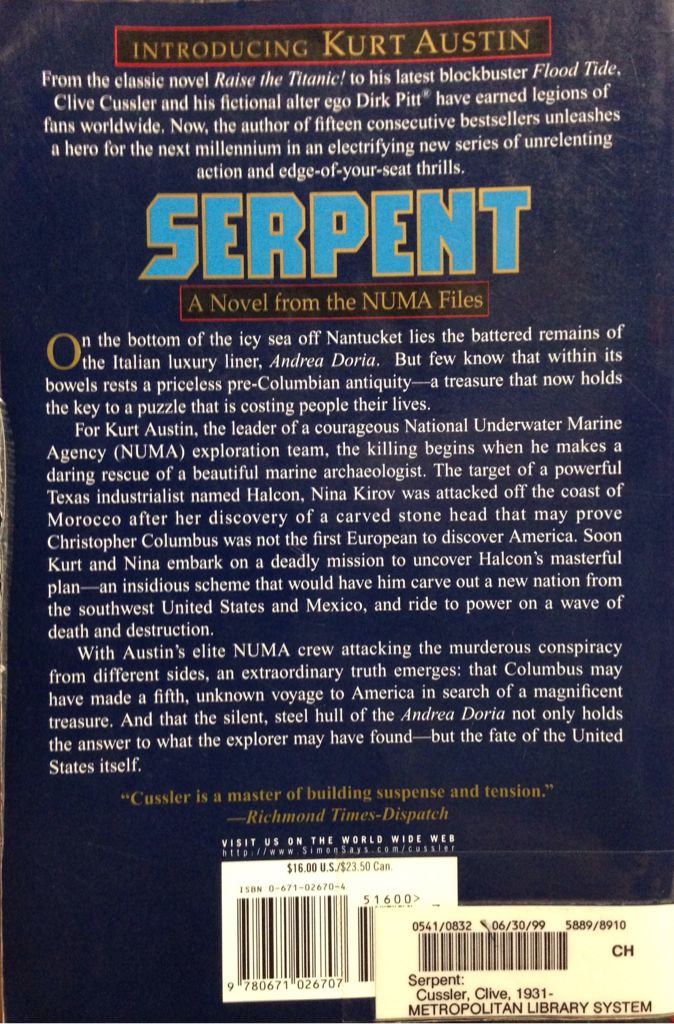 Serpent - Clive Cussler (Pocket Books - Paperback) book collectible [Barcode 9780671026707] - Main Image 2