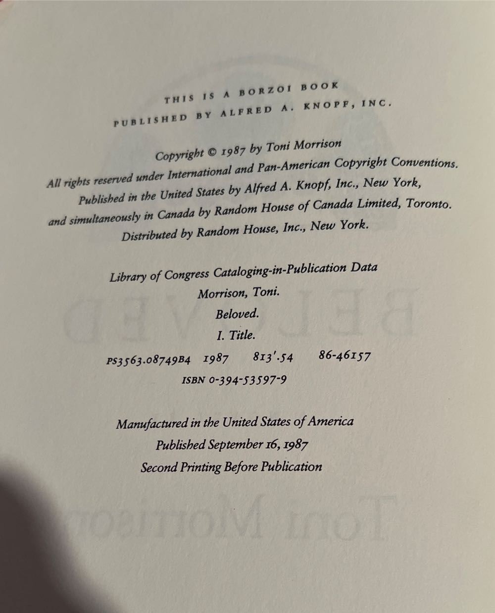 Beloved - Toni Morrison (Alfred a Knopf Inc - Hardcover) book collectible [Barcode 9780394535975] - Main Image 3