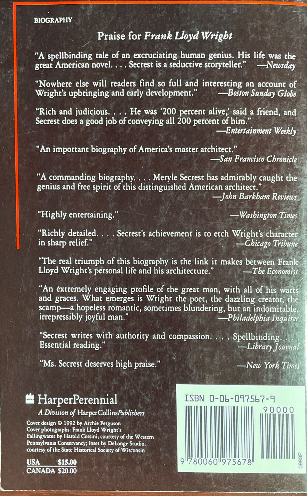 Frank Lloyd Wright - Meryle Secrest (Perennial) book collectible [Barcode 9780060975678] - Main Image 3