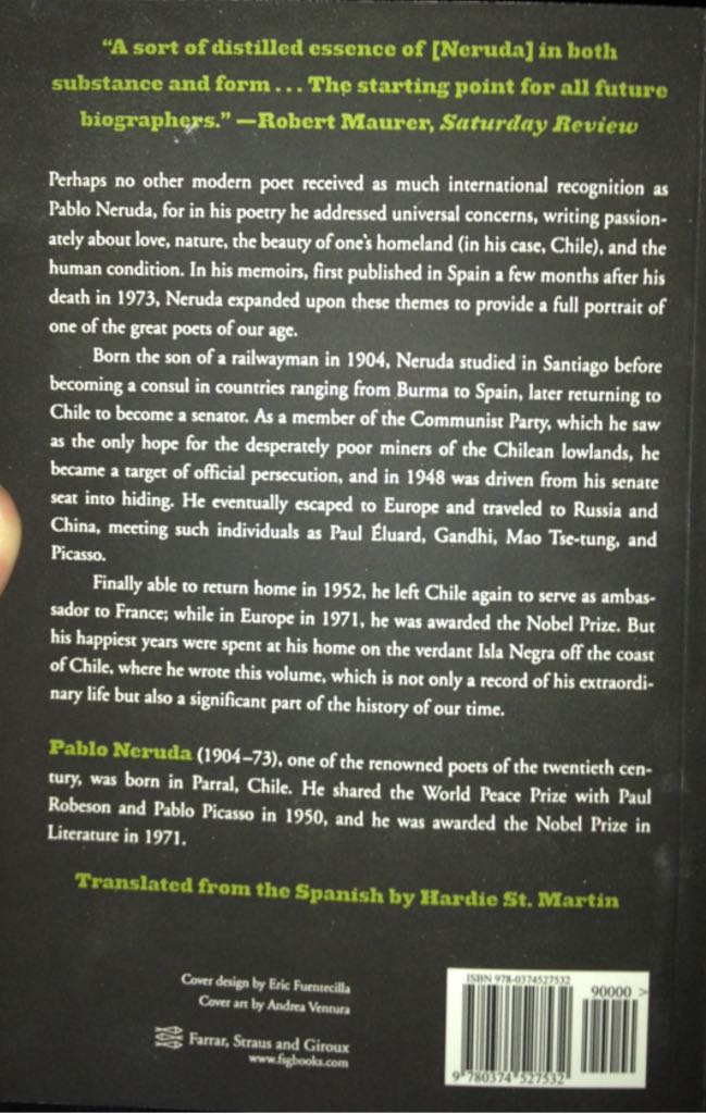 Memoirs - Pablo Neruda (- Paperback) book collectible [Barcode 9780374527532] - Main Image 2