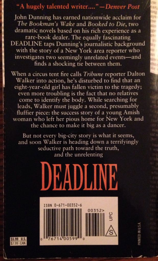 Deadline - John Dunning (Simon and Schuster - Paperback) book collectible [Barcode 9780671003524] - Main Image 2