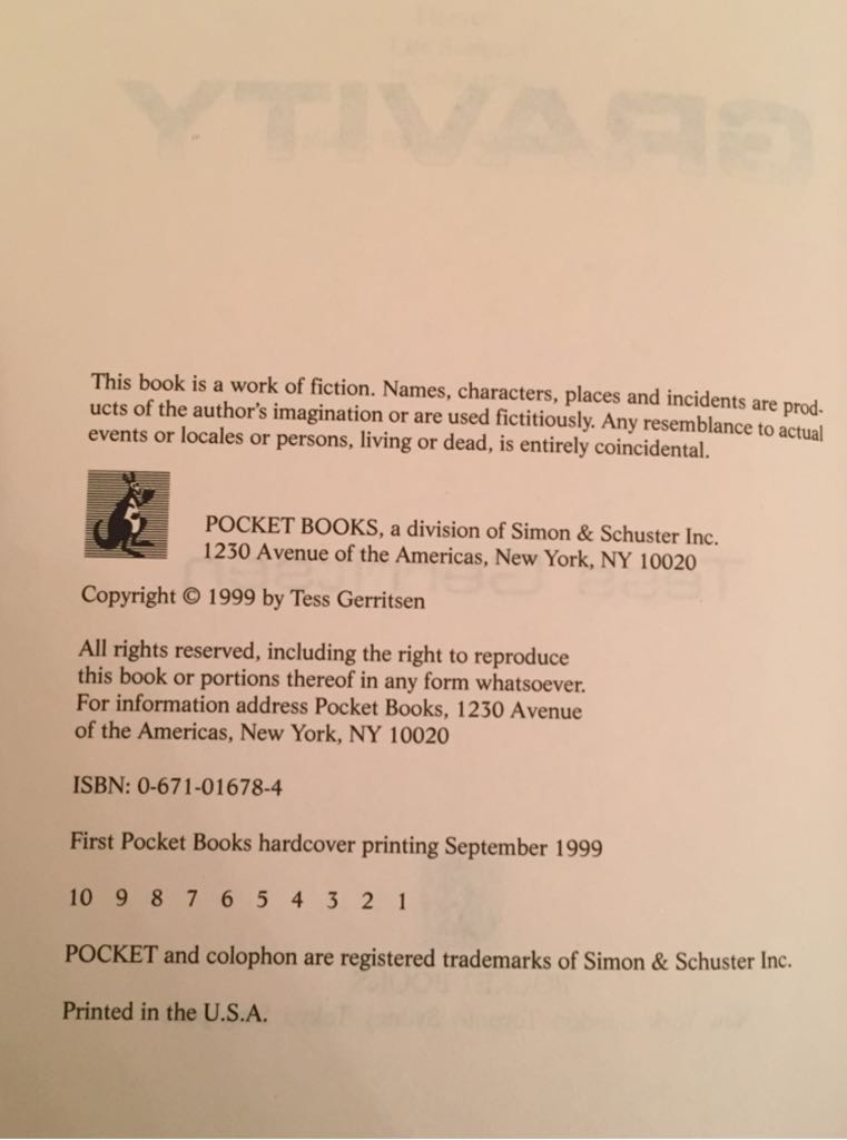 Gravity - Tess Gerritsen (Pocket Books - Hardcover) book collectible [Barcode 9780671016784] - Main Image 2