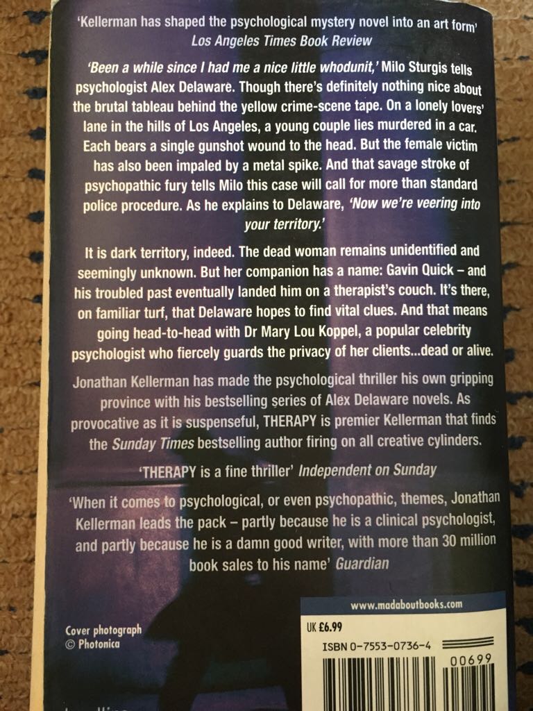 Therapy - Jonathan Kellerman (Headline Book Publishing - Paperback) book collectible [Barcode 9780755307364] - Main Image 2