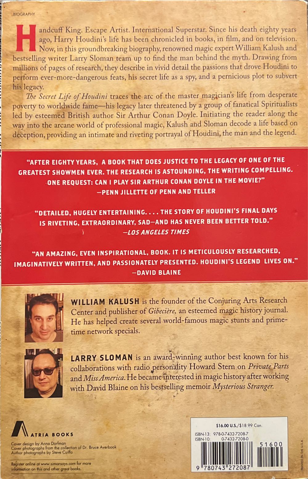 The Secret Life of Houdini: a Making of America’s First Superhero - William Kalush (Atria Books - Trade Paperback) book collectible [Barcode 9780743272087] - Main Image 2