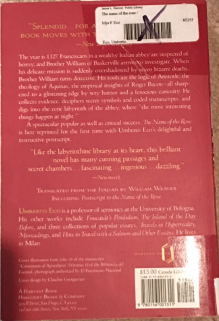 The Name Of The Rose - Umberto Eco (Harcourt, Brace & Co. - Paperback) book collectible [Barcode 9780156001311] - Main Image 2