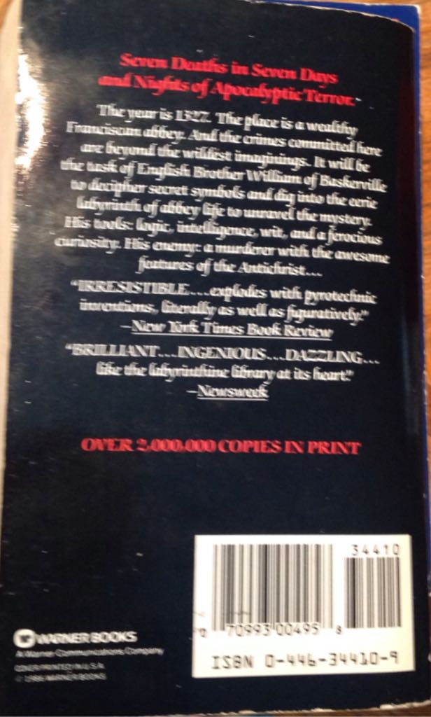 The Name Of The Rose - Umberto Eco (Warner Books (NY) - Paperback) book collectible [Barcode 9780446344104] - Main Image 2