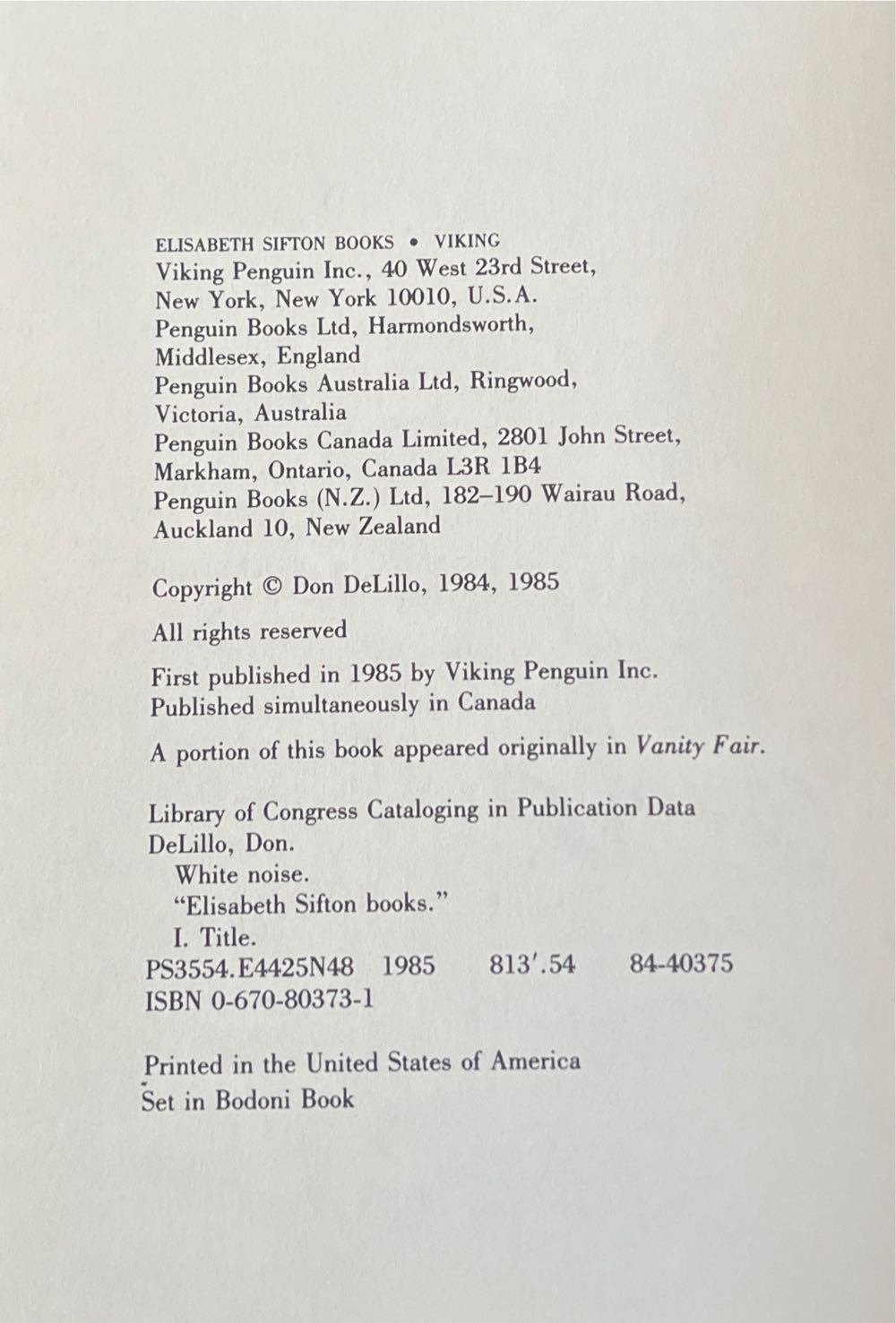 White Noise - Don DeLillo (Viking Penguin Inc. - Hardcover) book collectible [Barcode 9780670803736] - Main Image 4