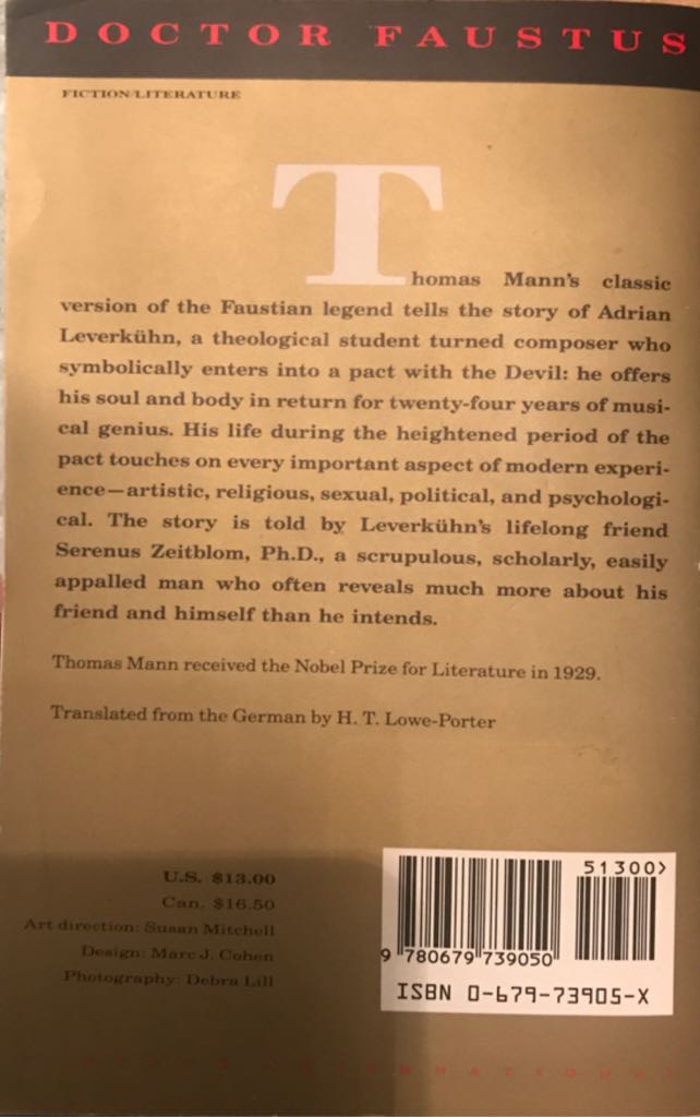 Doctor Faustus, The Life Of The German Composer Adrian Leverkuhn As Told By His Friend - Thomas Mann (Random House, Inc. - Paperback) book collectible [Barcode 9780679739050] - Main Image 2