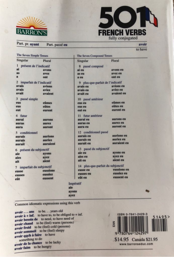 501 French Verbs - A (Barrons Educational Series Incorporated - Paperback) book collectible [Barcode 9780764124297] - Main Image 2