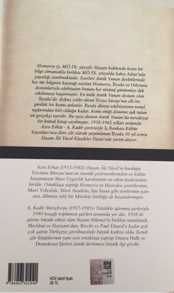 Ilyada - Homeros (Türkiye İş Bankası Kültür Yayınları) book collectible [Barcode 9786053321040] - Main Image 2