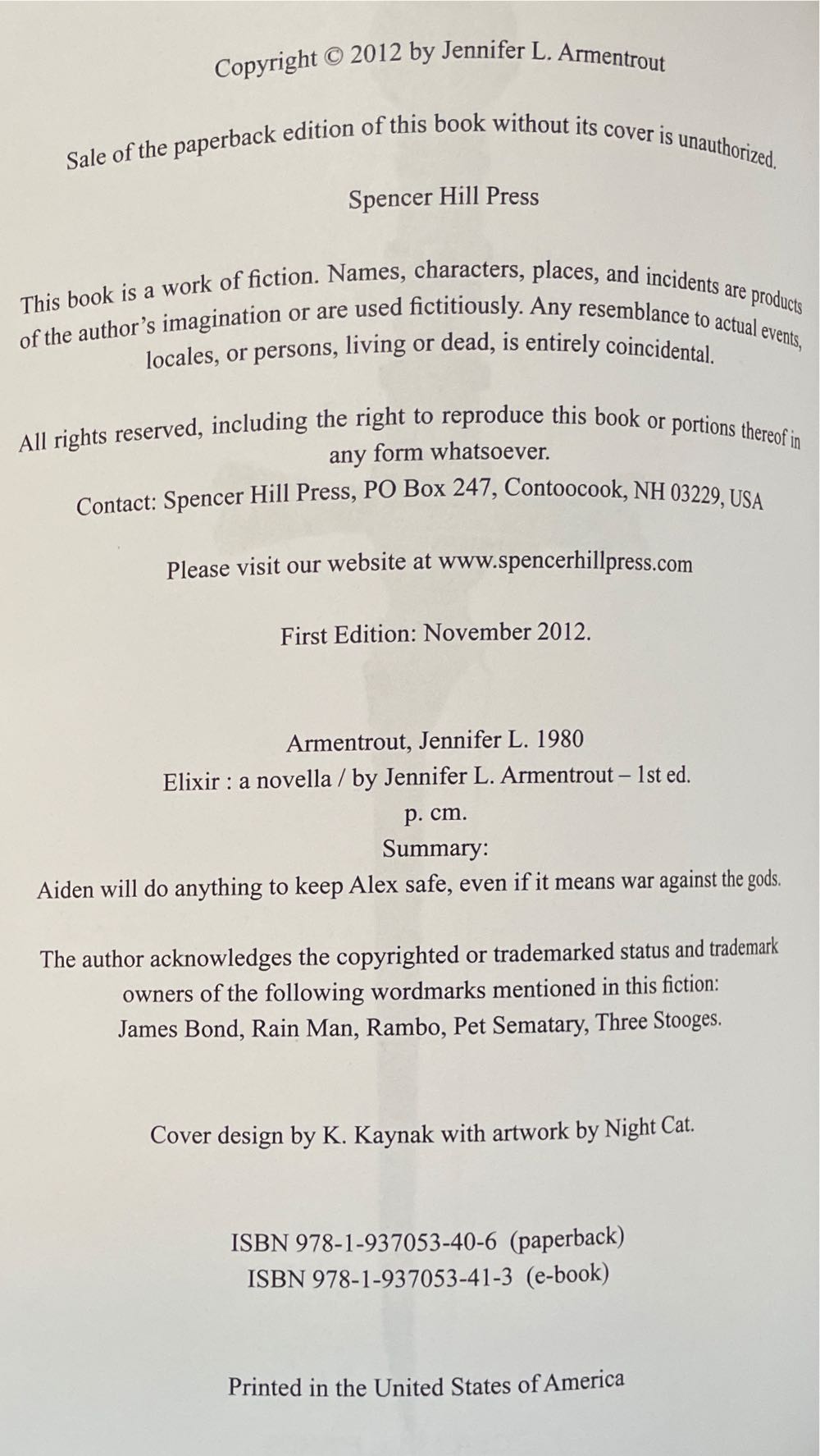 Elixir - Jennifer L. Armentrout (Spencer Hill Press - Paperback) book collectible [Barcode 9781937053406] - Main Image 2