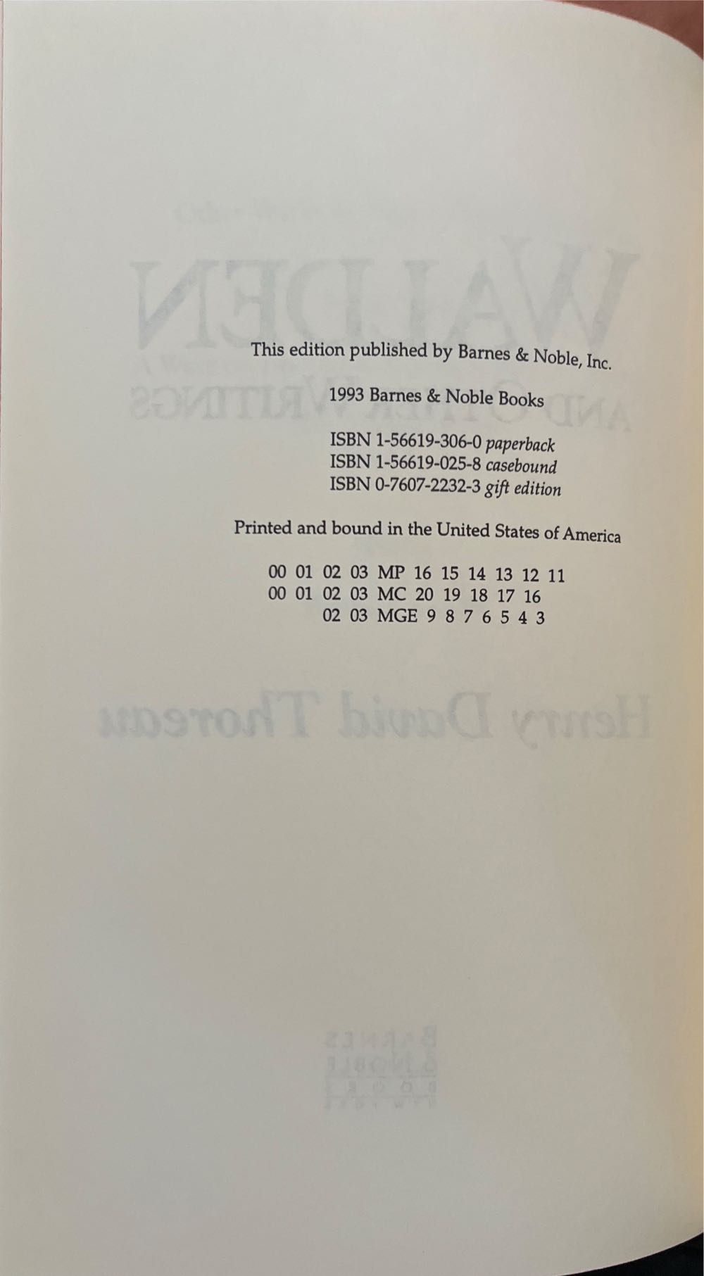 Walden And Other Writings - Henry D Thoreau (Barnes & Noble, Inc. - Hardcover) book collectible [Barcode 9781566193061] - Main Image 3