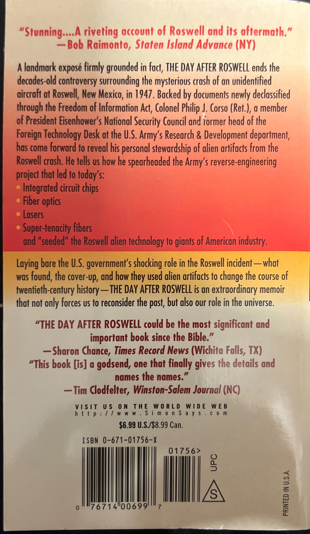 The Day After Roswell - William J. Birnes (Pocket - Hardcover) book collectible [Barcode 9780671017569] - Main Image 2