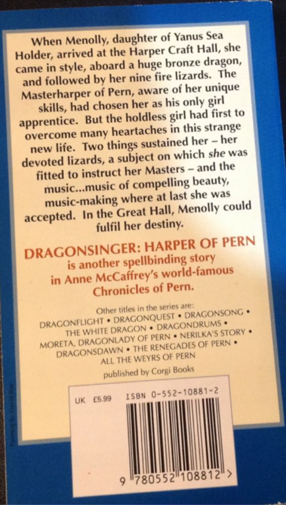 Dragonsinger - Anne McCaffrey (Corgi Books - Paperback) book collectible [Barcode 9780552108812] - Main Image 2