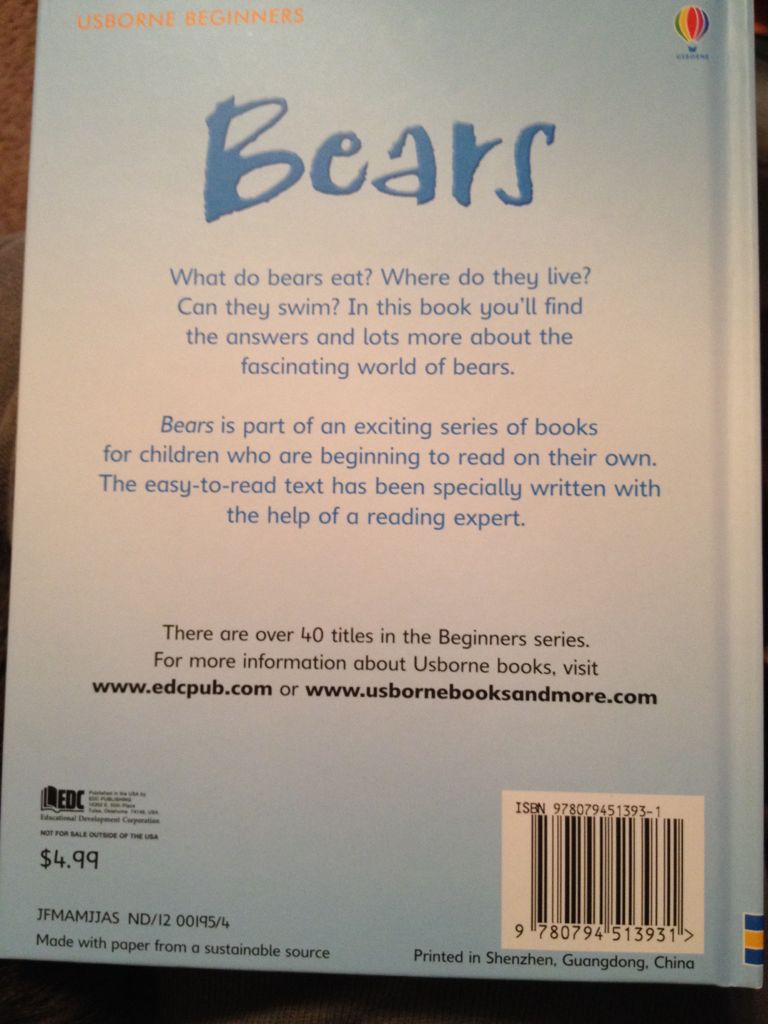 Bears - Deborah Hodge (Usborne Pub Limited - Hardcover) book collectible [Barcode 9780794513931] - Main Image 2