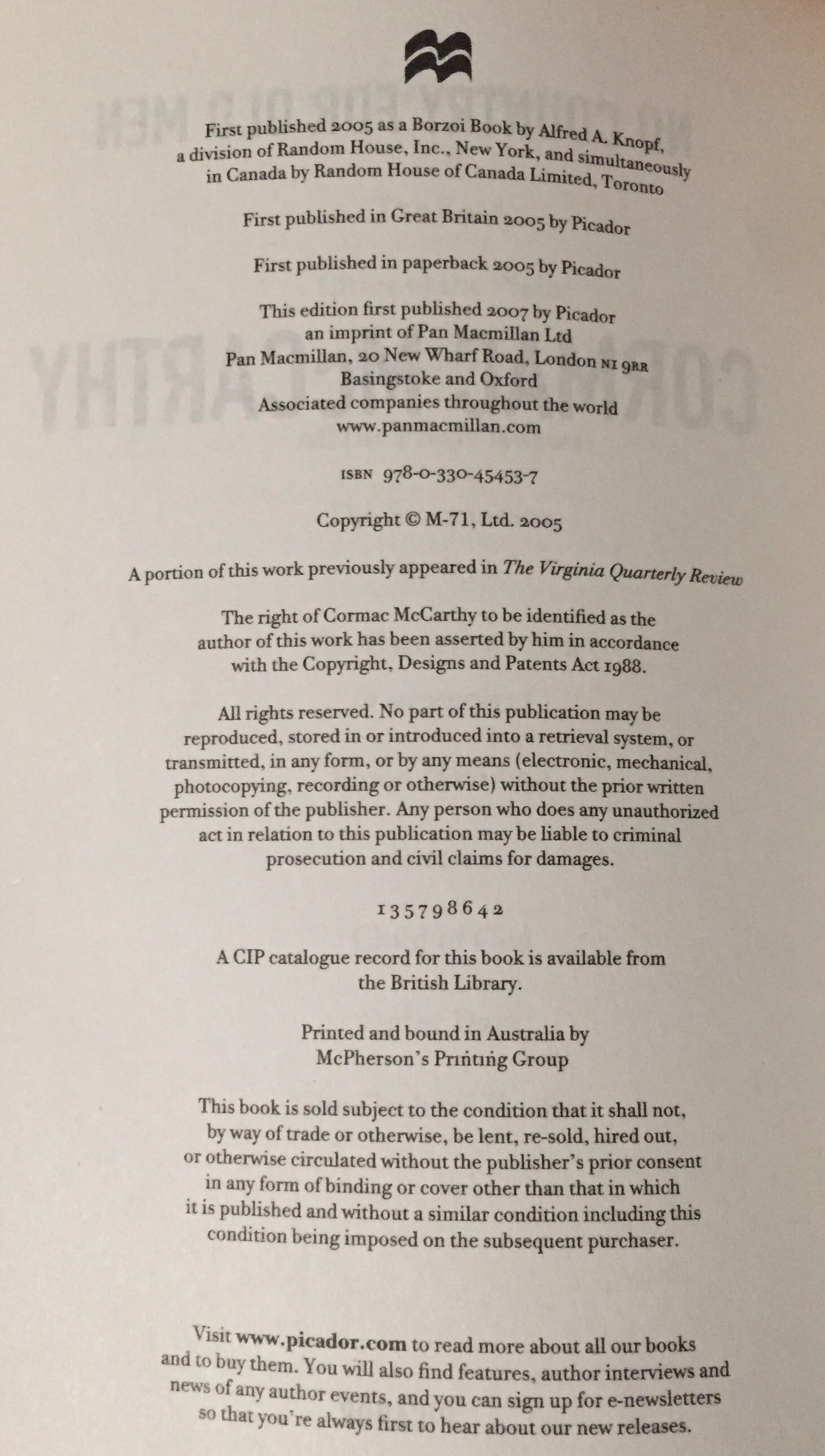 No Country For Old Men - Cormac McCarthy (Picador - Paperback) book collectible [Barcode 9780330454537] - Main Image 3