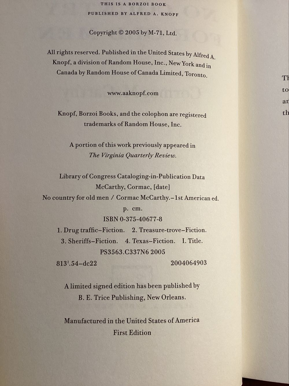 No Country For Old Men - Cormac McCarthy (Knopf - Hardcover) book collectible [Barcode 9780375406775] - Main Image 2