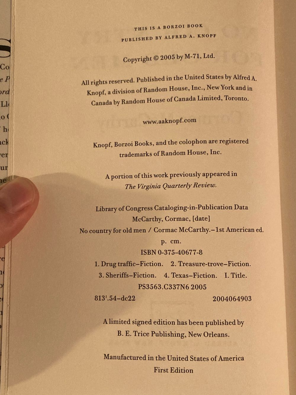 No Country For Old Men - McCarthy, Cormac (Alfred A. Knopf - Hardcover) book collectible - Main Image 4