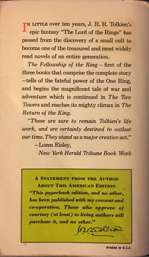 The Lord Of The Rings: Part 1 The Fellowship Of The Ring - Tolkien, J.R.R. (Houghton Mifflin Company - Paperback) book collectible - Main Image 2