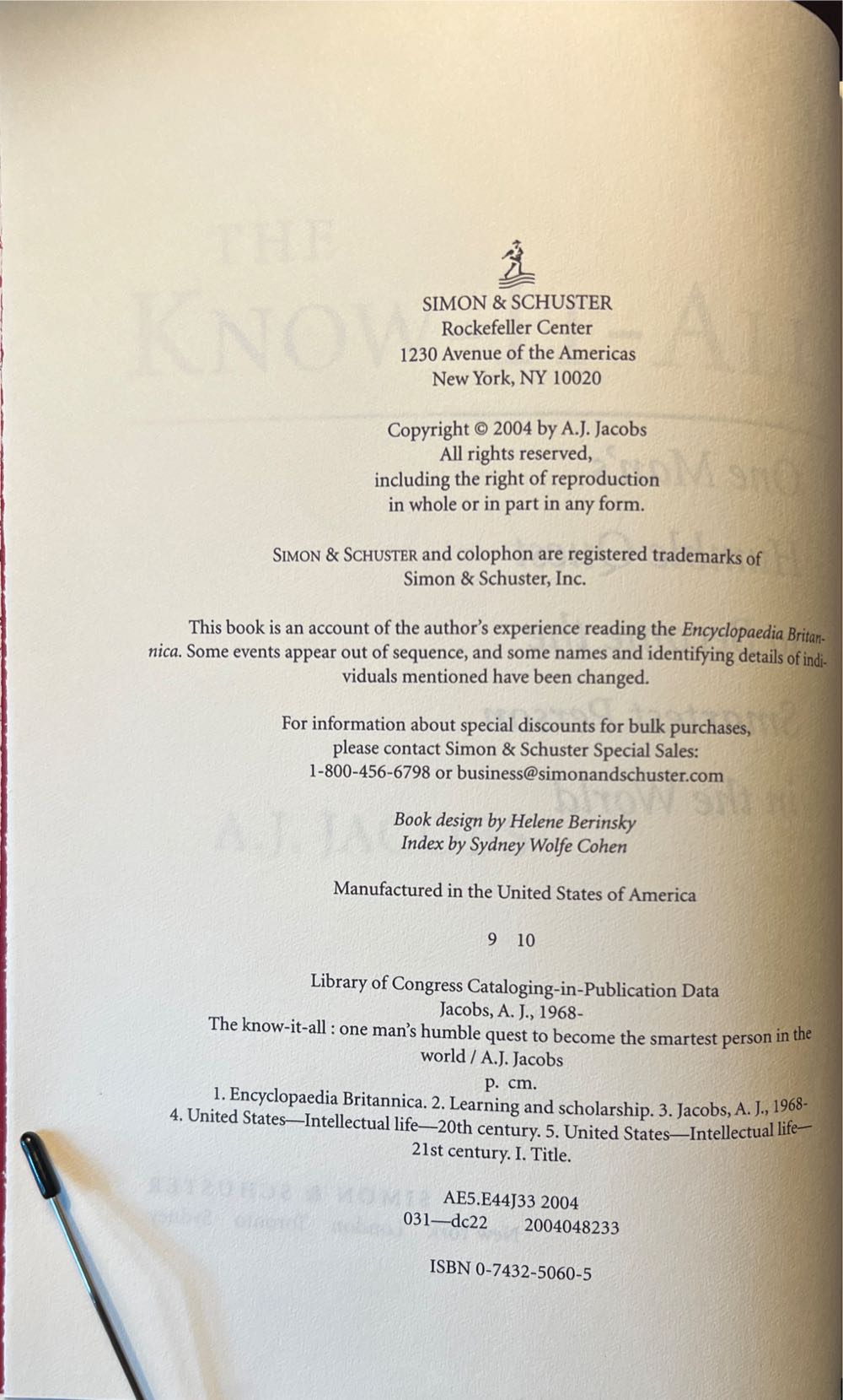 The Know-It-All - A.J. Jacobs (Simon & Schuster - Hardcover) book collectible [Barcode 9780743250603] - Main Image 3