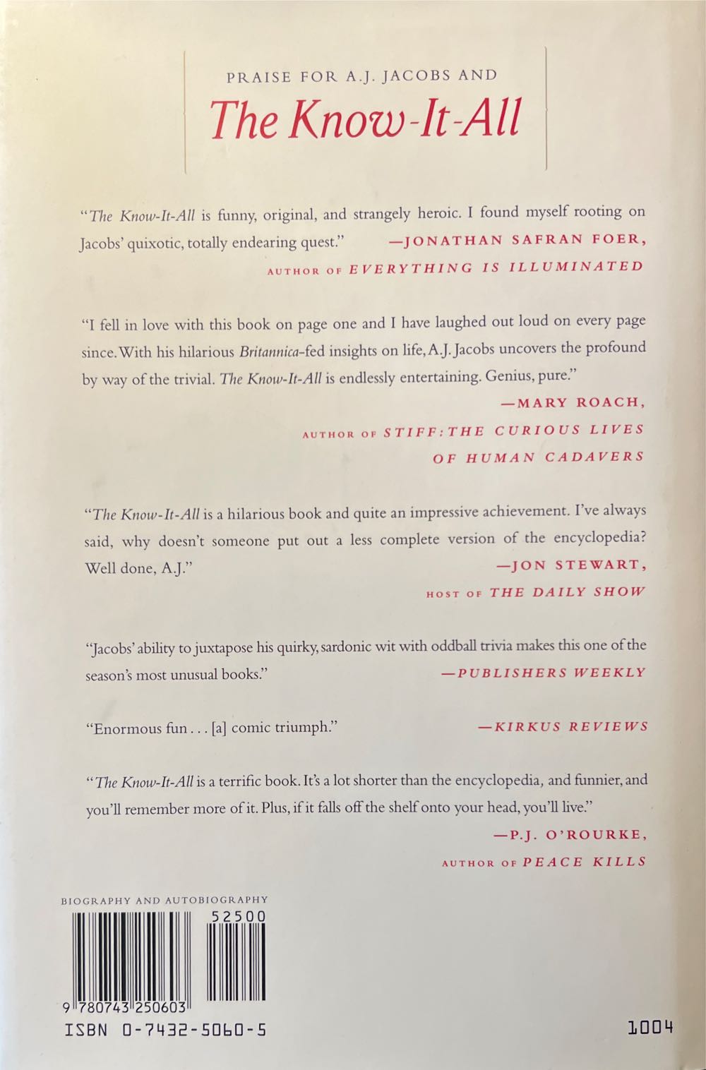 The Know-It-All - A.J. Jacobs (Simon & Schuster - Hardcover) book collectible [Barcode 9780743250603] - Main Image 4