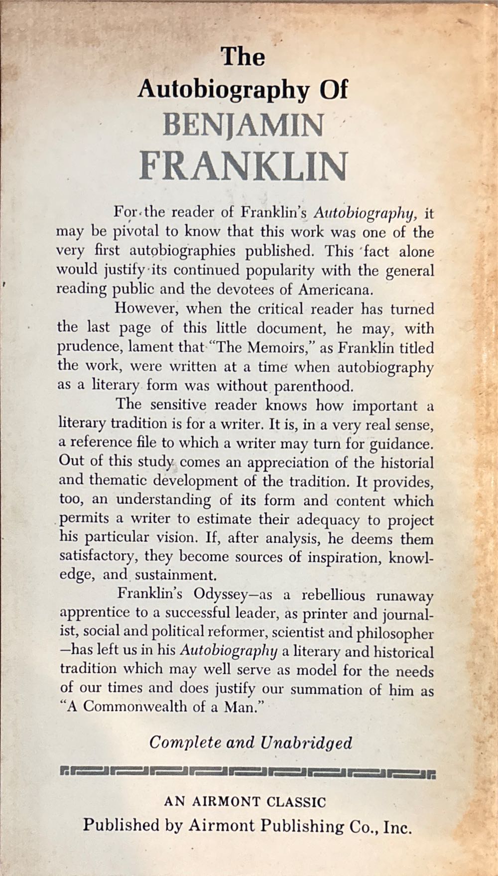 The Autobiography Of Benjamin Franklin - Benjamin Franklin (Airmont Classic Series - Paperback) book collectible - Main Image 2