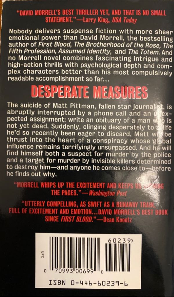 Desperate Measures - David Morrell (Grand Central Publishing) book collectible [Barcode 9780446602396] - Main Image 2
