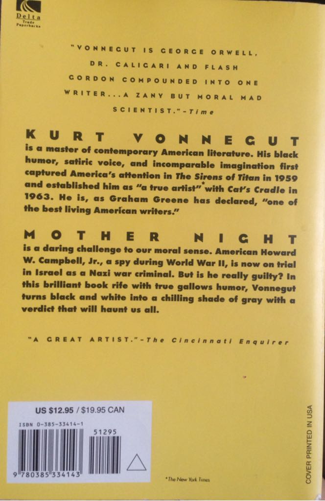 Mother Night - Kurt Vonnegut (Random House Publishing Group - Paperback) book collectible [Barcode 9780385334143] - Main Image 2