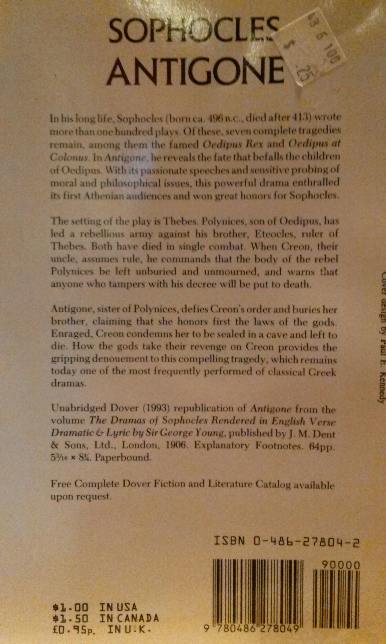 Antigone - Sophocles (Dover Thrift Editions - Trade Paperback) book collectible [Barcode 9780486278049] - Main Image 2