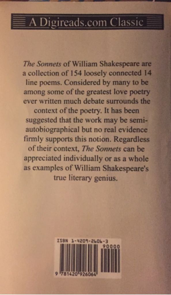 The Sonnets - Shakespeare, William (Digireads.com Publishing - Paperback) book collectible [Barcode 9781420926064] - Main Image 2