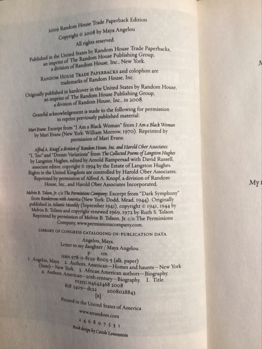 Letter To My Daughter - Maya Angelou (Random House Trade Paperbacks - Paperback) book collectible [Barcode 9780812980035] - Main Image 2