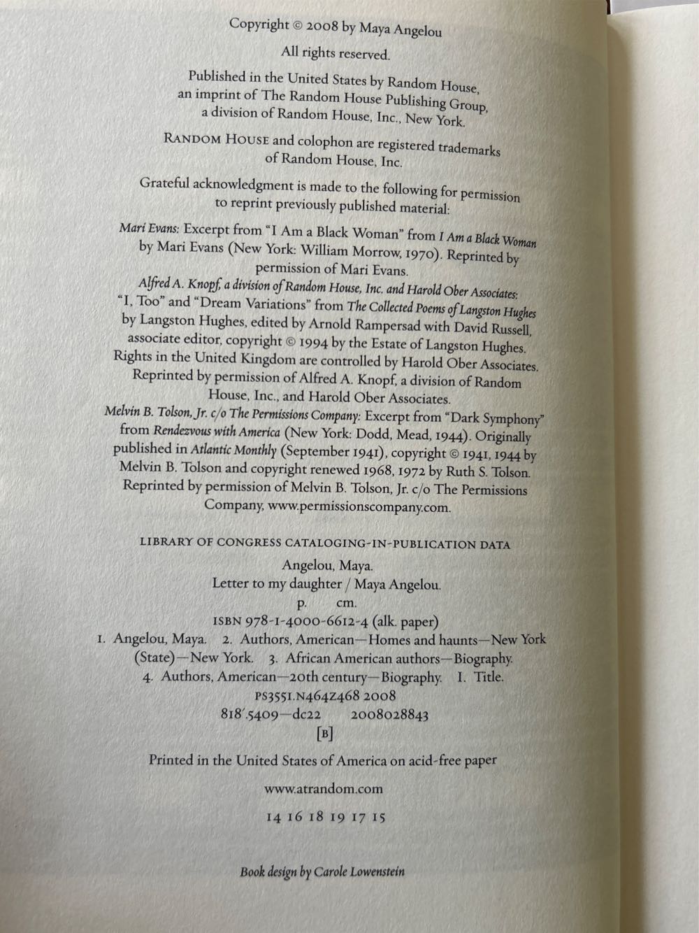 Letter To My Daughter - Maya Angelou (Random House - Hardcover) book collectible [Barcode 9781400066124] - Main Image 3