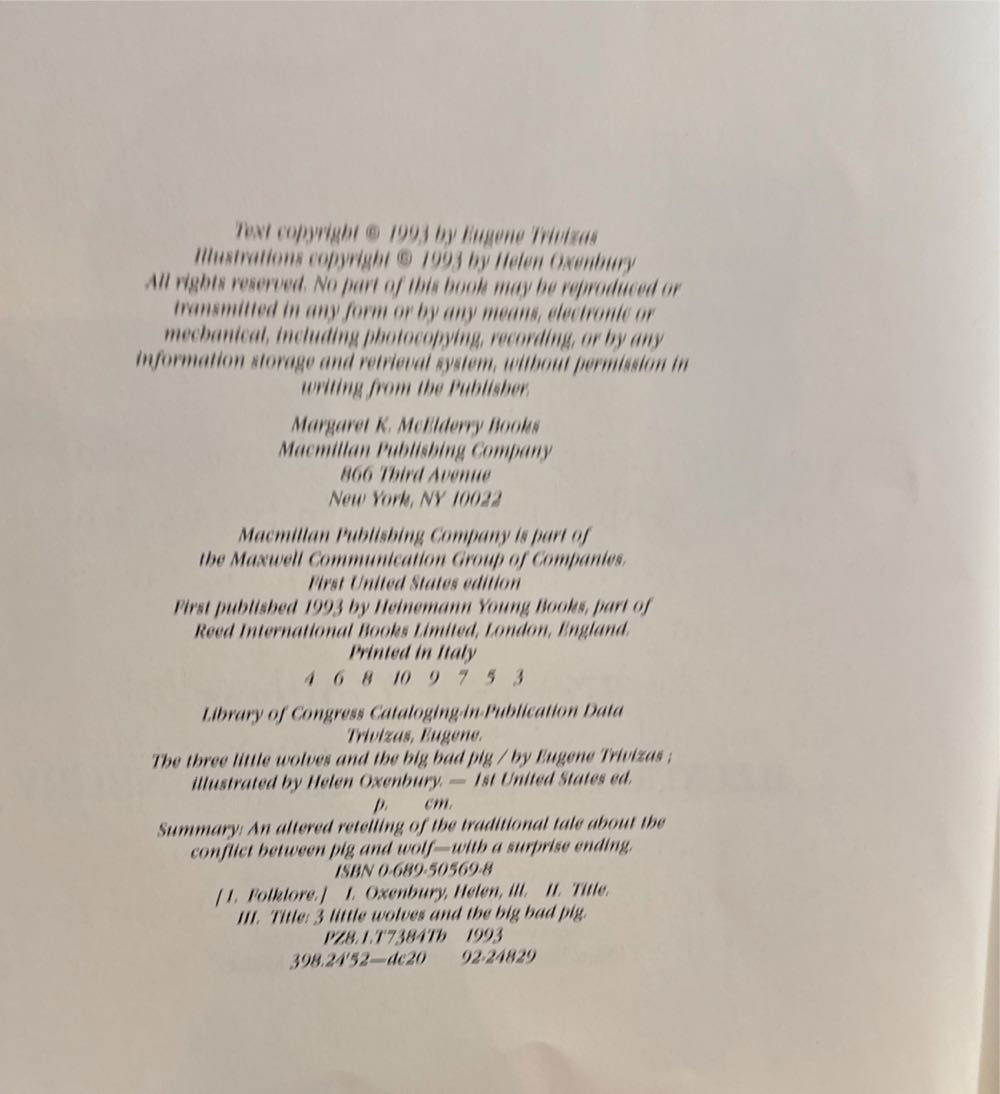 The Three Little Wolves And The Big Bad Pig - Eugene Trivizas (Margaret K. McElderry - Hardcover) book collectible [Barcode 9780689505690] - Main Image 3