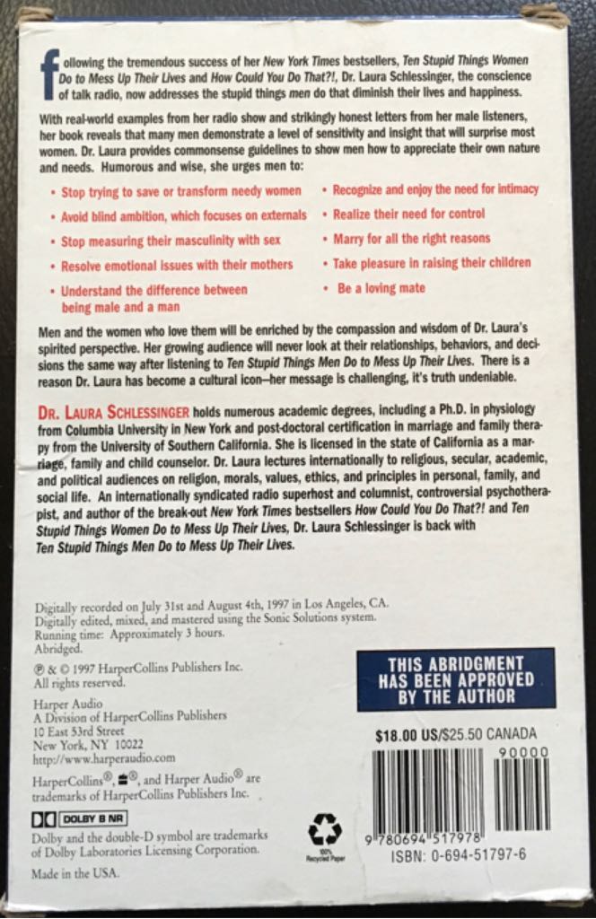 Ten Stupid Things Men Do To Mess Up Their Lives - dr Laura book collectible [Barcode 9780694517978] - Main Image 2