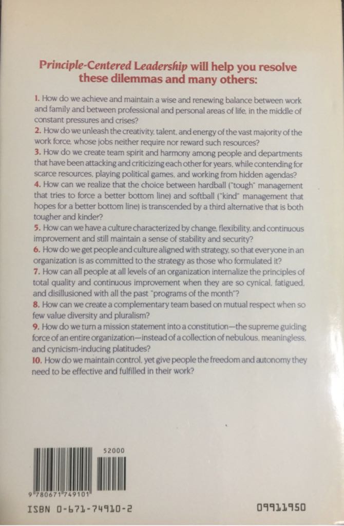 Principle Centered Leadership - Stephen R. Covey (Simon & Schuster - Hardcover) book collectible [Barcode 9780671749101] - Main Image 2