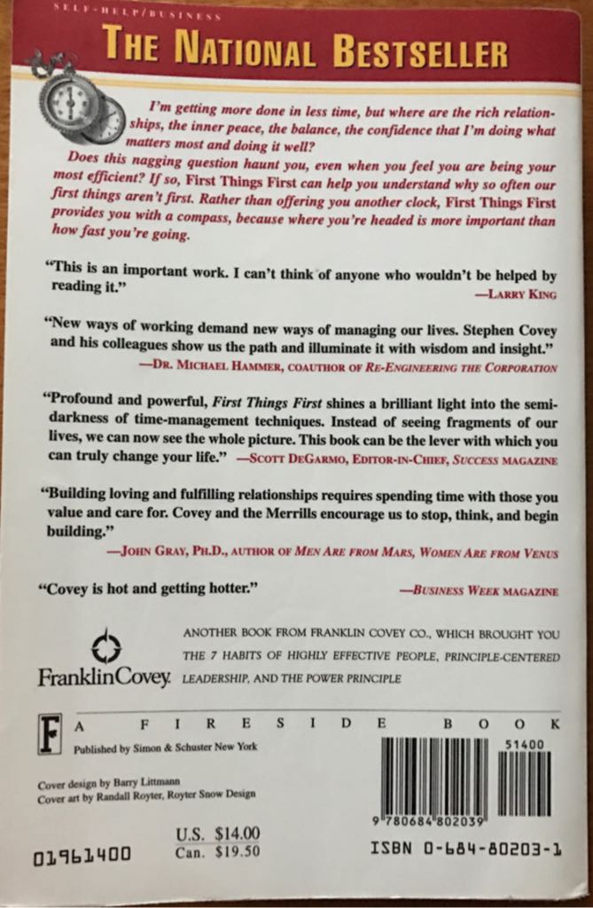 First Things First - Stephen R. Covey (Fireside - Paperback) book collectible [Barcode 9780684802039] - Main Image 2
